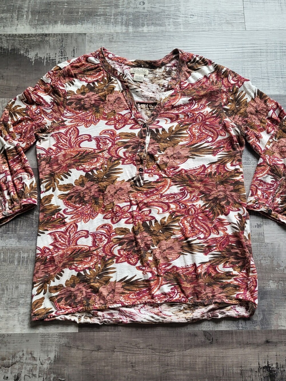 Lucky Brand Top Large L Floral Paisley Henley Shirt 3/4 Sleeve Boho Rust Brown